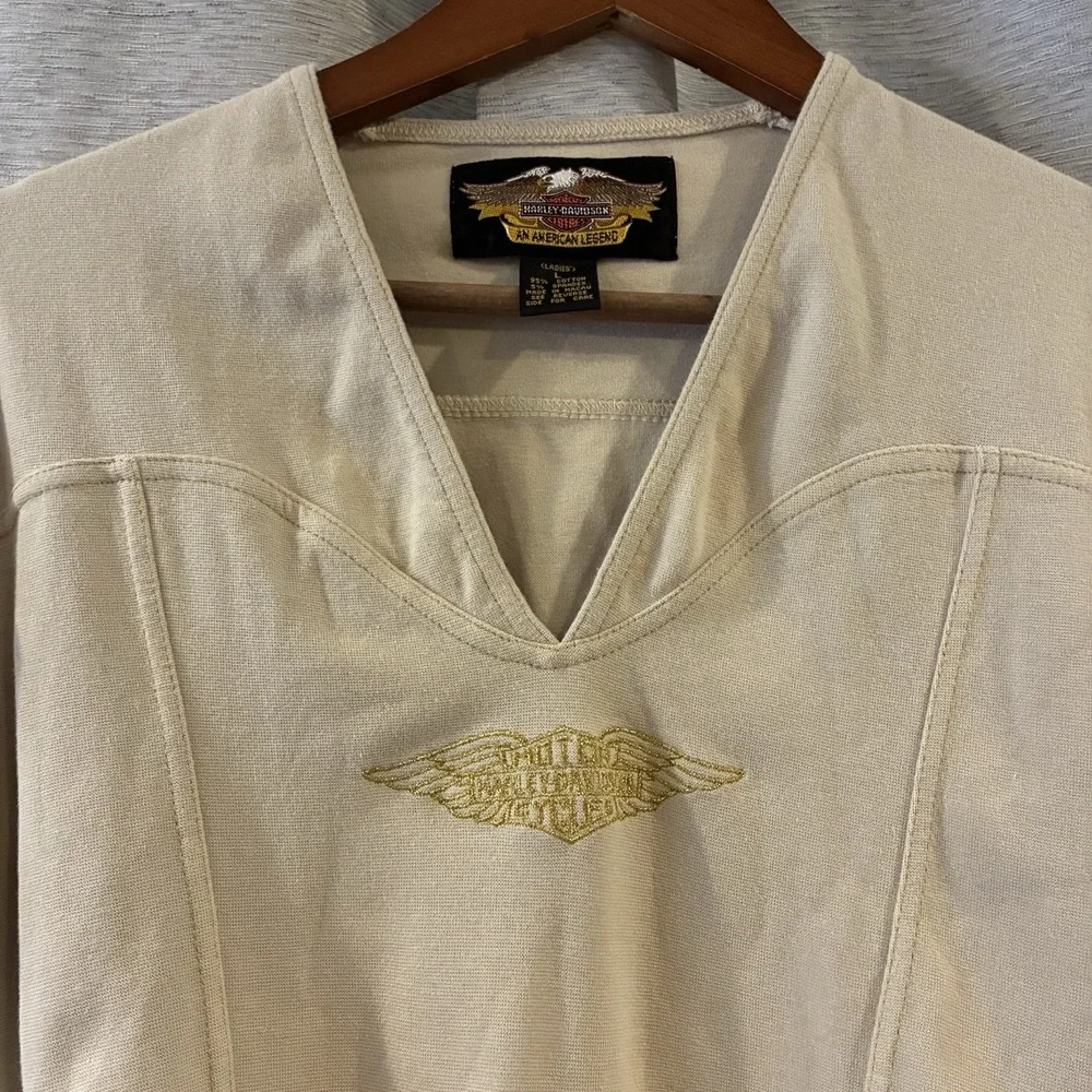 Vtg Y2K Harley-Davidson Cream Long Sleeve Bodysuit Bling Logo Sz Large Bikercore